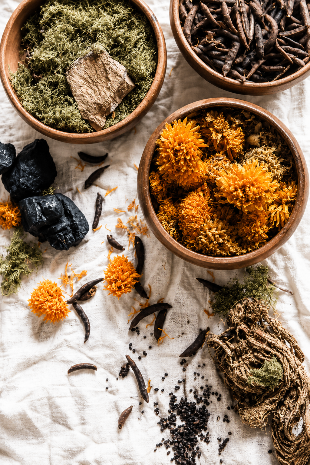Natural dye materials — marigold flowers, indigo, cochineal, and walnut arranged in clay bowls